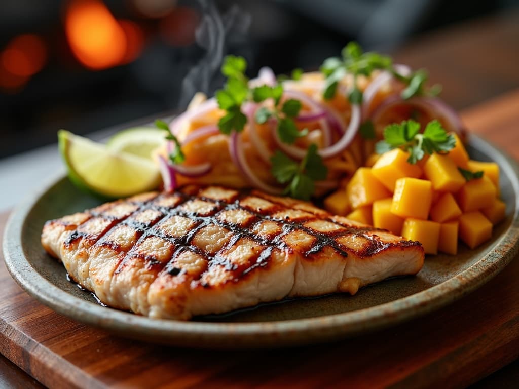Gegrilltes Mahi-Mahi-Filet mit Grillstreifen, Mango-Salsa und Limettenscheiben