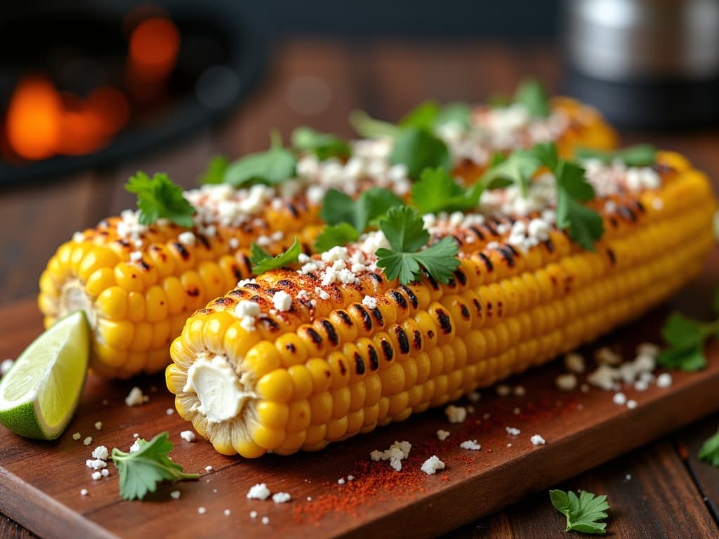 Gegrillter Maiskolben mit Cotija-Käse, Crema und Chilipulver