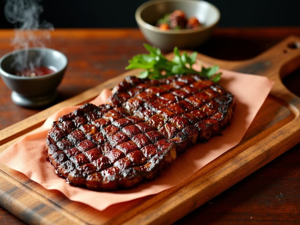 Glänzend glasierte Spareribs mit Ahornsirup-Karamell-Finish auf Räuchergrill — KI-generiertes Symbolbild