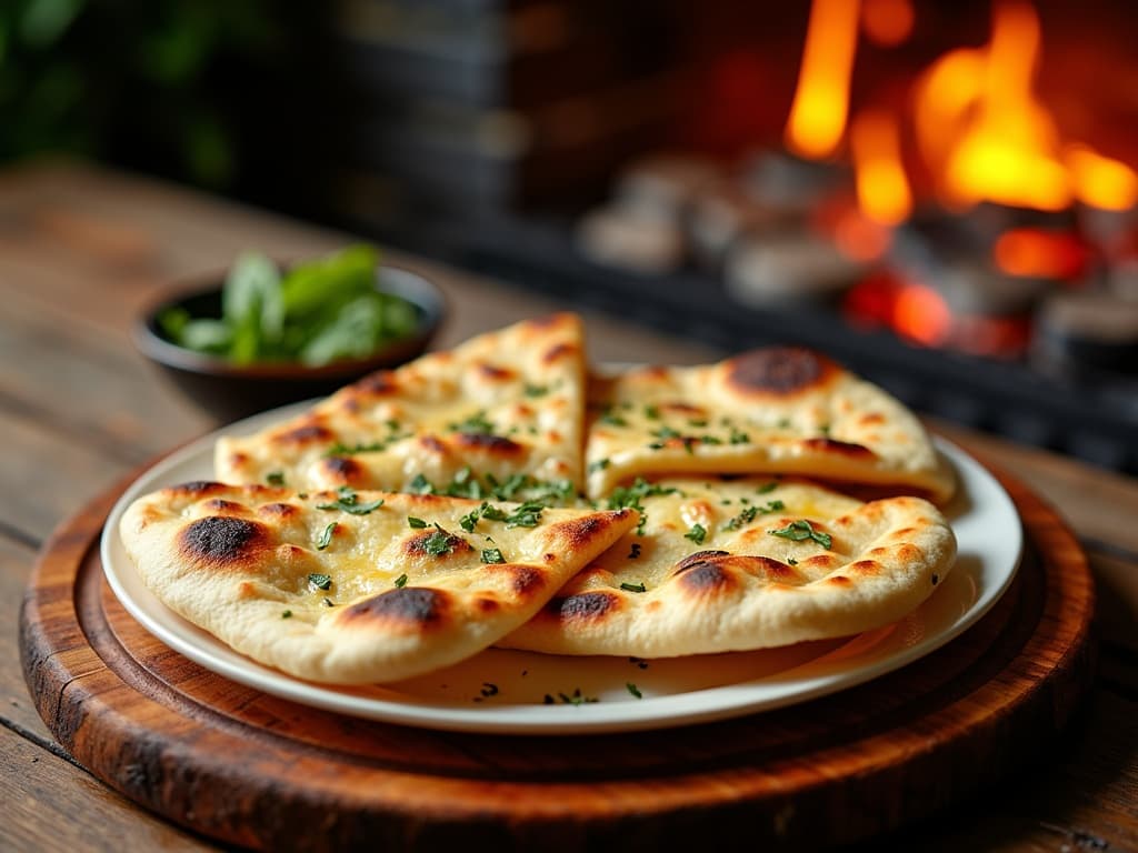 Frisch gebackene Naan-Fladen mit Röstblasen und Kräuterbutter auf Holzbrett