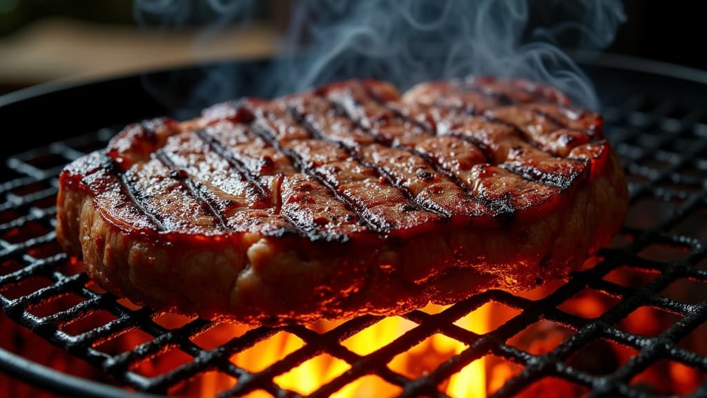 Gegrilltes Onglet-Steak, rosa Kern, knusprige Kruste auf Holzbrett