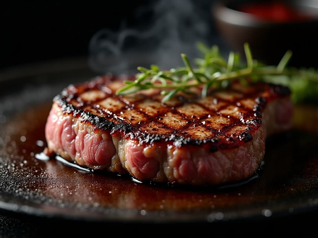 Gegrilltes Onglet-Steak, rosa Kern, knusprige Kruste auf Holzbrett