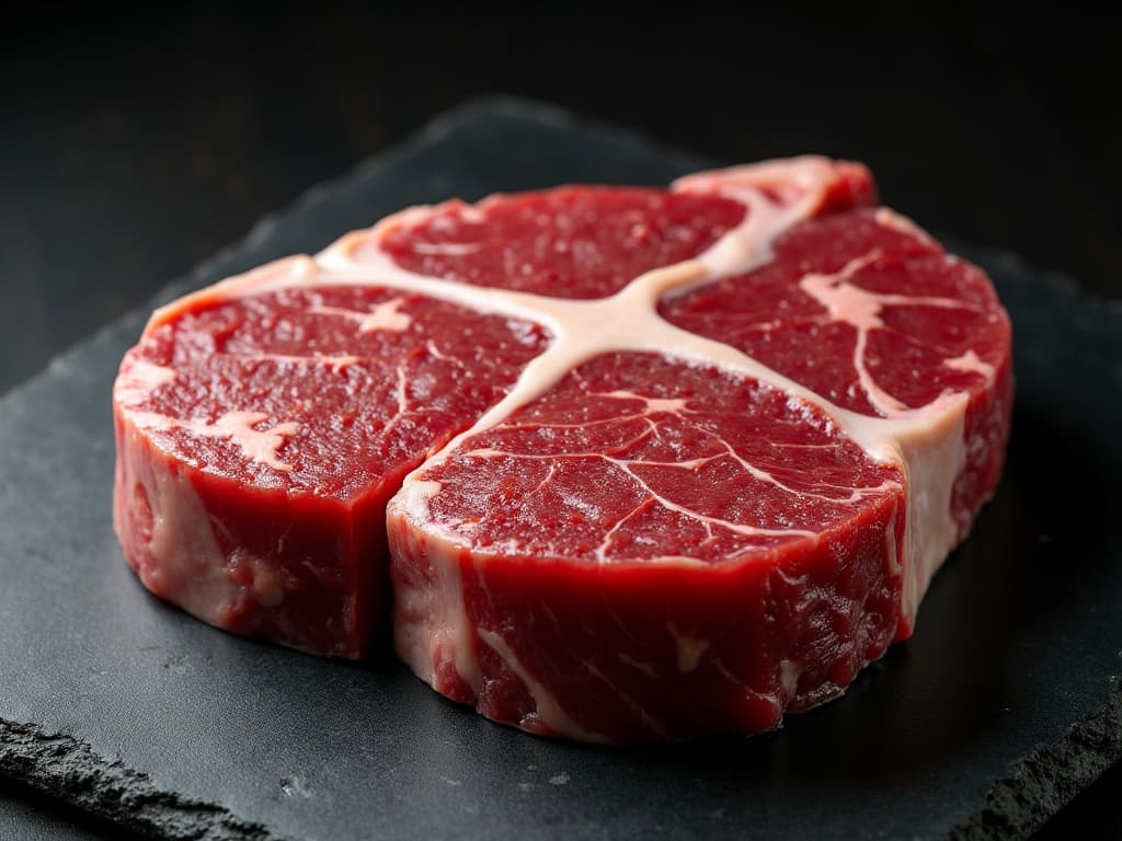 Rohes Porterhouse-Steak mit sichtbarem T-Knochen — Roastbeef- und große Filet-Seite, auf dunklem Schiefer