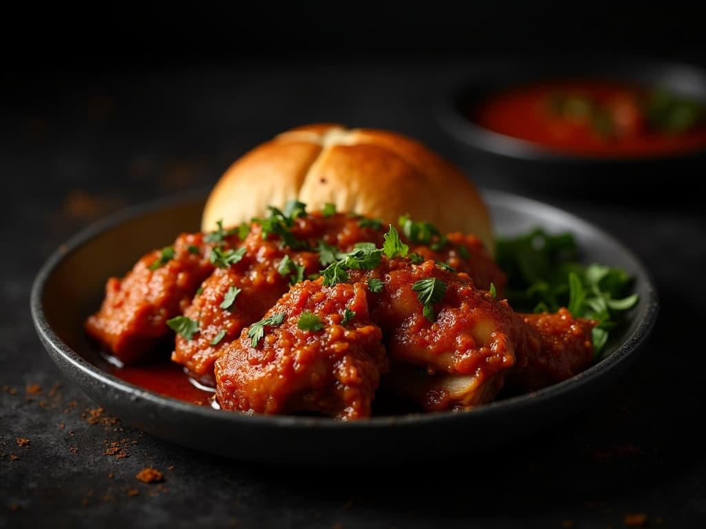 Gezupftes Pulled Chicken auf Holzbrett mit Sauce und Brötchen
