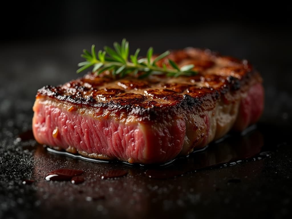 Perfekt gebratenes Ribeye Steak, rosa Kern, knuspriger Crust