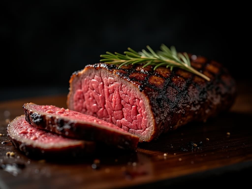 Roastbeef mit rosa Kern und dunkler Grillkruste, in dünne Scheiben geschnitten