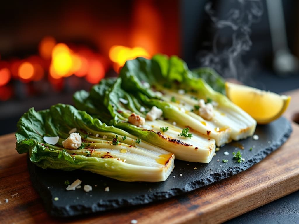Halbierte Romana-Salatherzen mit Röstmarken, Parmesan und Zitrone