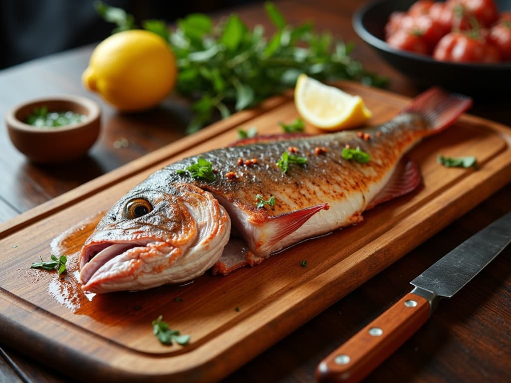 Ganze gegrillte Rotbarbe mit knuspriger Haut, Zitronenscheiben und frischem Thymian