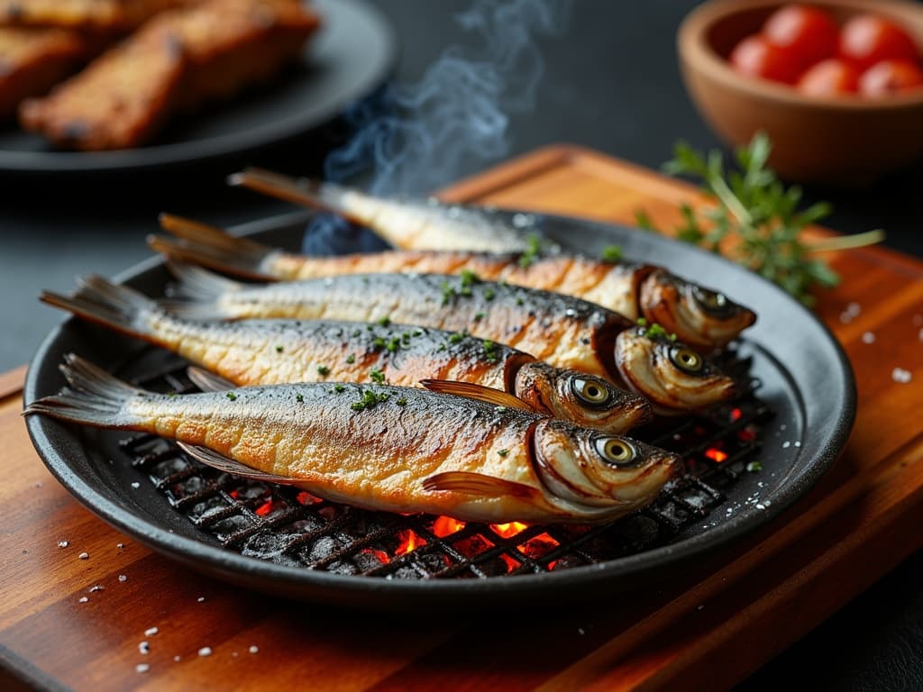 Gegrillte ganze Sardinen mit goldbrauner, verkrusteter Haut auf Grillrost
