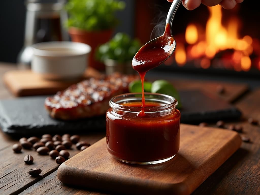 Glänzende dunkle Espresso-BBQ-Sauce im Glas, daneben Espressobohnen