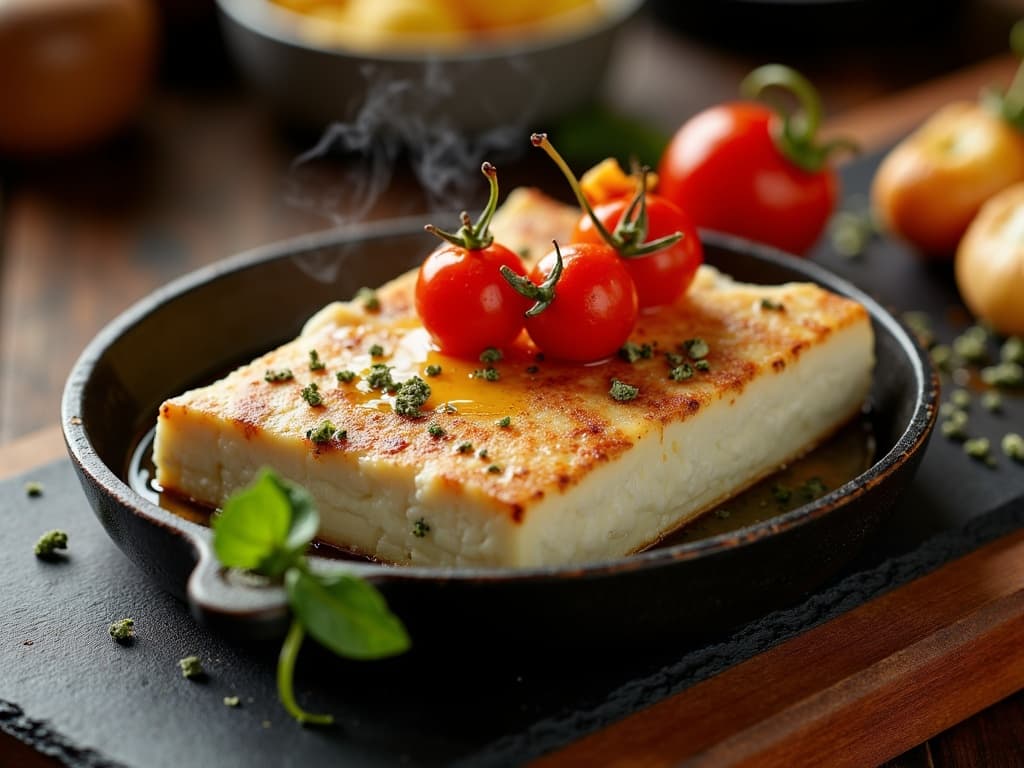 Warm geräucherter Schafskäse mit goldener Oberfläche und marinierten Tomaten