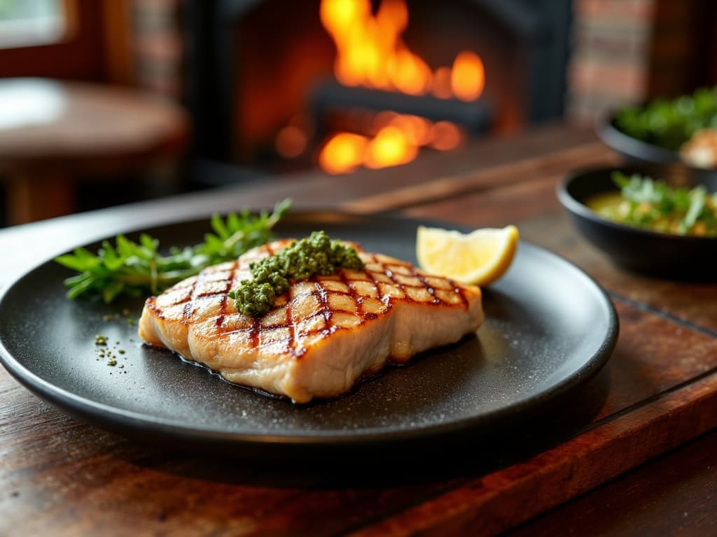 Gegrilltes Schwertfisch-Steak mit Gitterstreifen, Zitrone und Salsa Verde