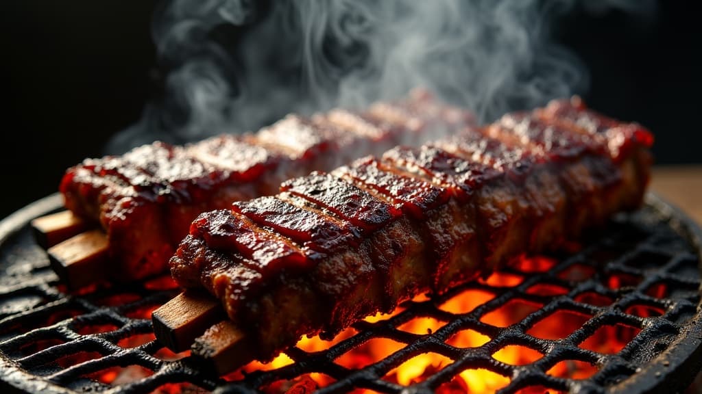 Glasierte Spareribs auf Smoker-Gitter, karamellierte Oberfläche, Rauchwolke