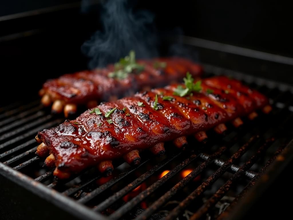 Glasierte Spareribs auf Smoker-Gitter, karamellierte Oberfläche, Rauchwolke