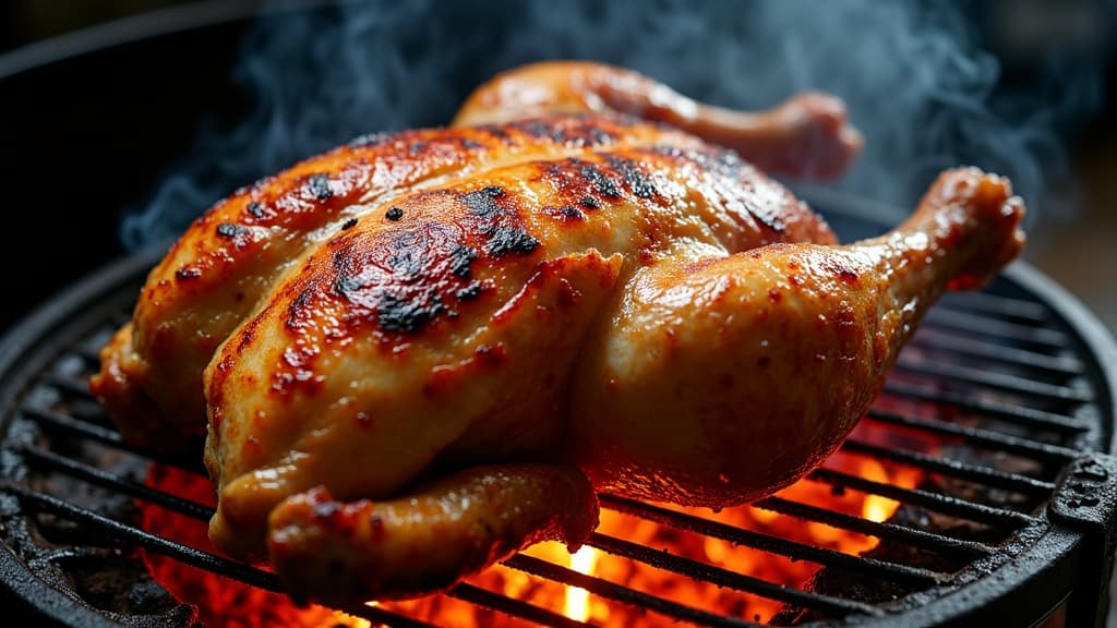 Ganzes Spatchcock-Hähnchen auf Grillrost, knusprig braun, von oben