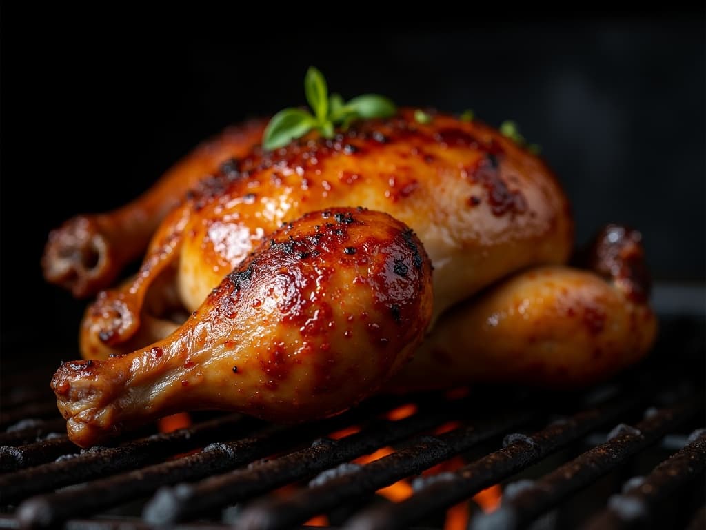 Ganzes Spatchcock-Hähnchen auf Grillrost, knusprig braun, von oben