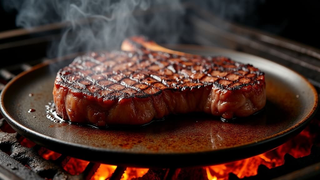 T-Bone Steak auf Grill mit Flammen, zwei Garzonen sichtbar