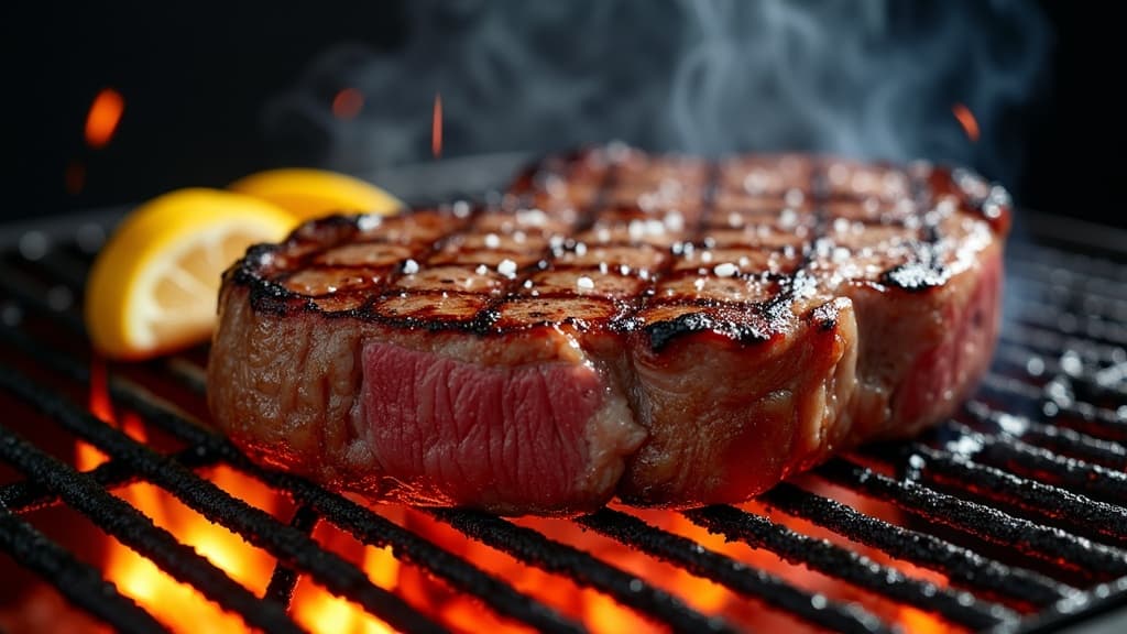 T-Bone Fiorentina hochkant auf glühenden Kohlen, Flammen, Bark-Kruste sichtbar