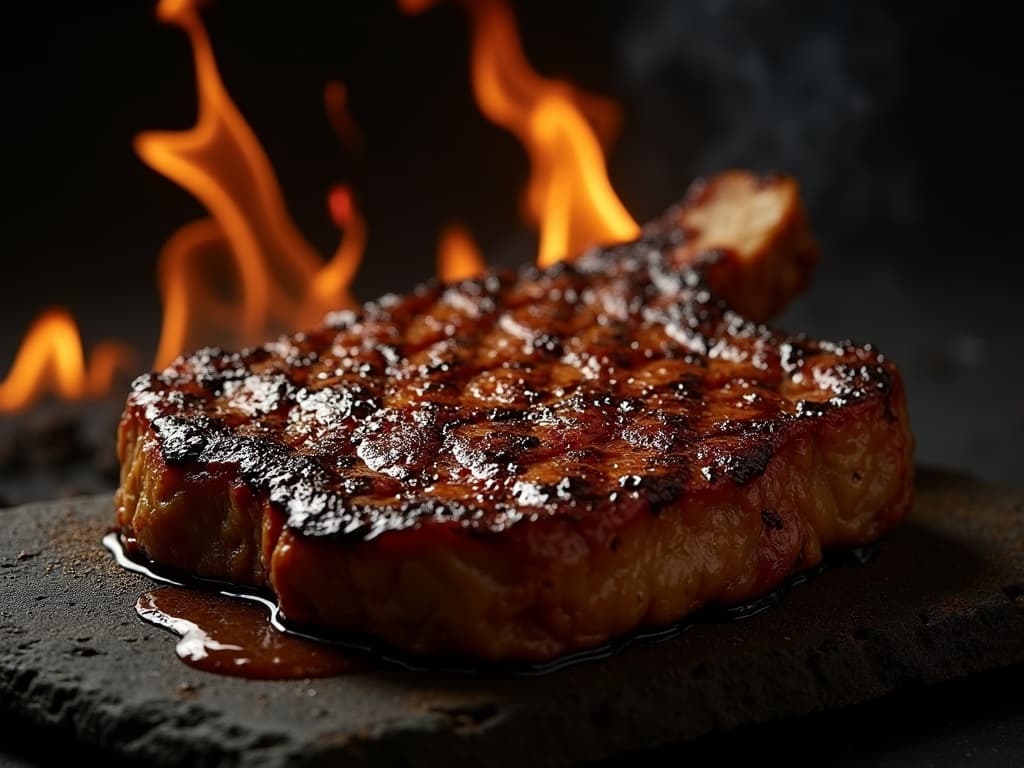 T-Bone Fiorentina hochkant auf glühenden Kohlen, Flammen, Bark-Kruste sichtbar