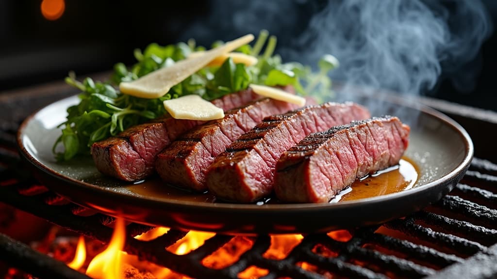 Geschnittenes Roastbeef auf Ruccola mit Parmesan und Olivenöl