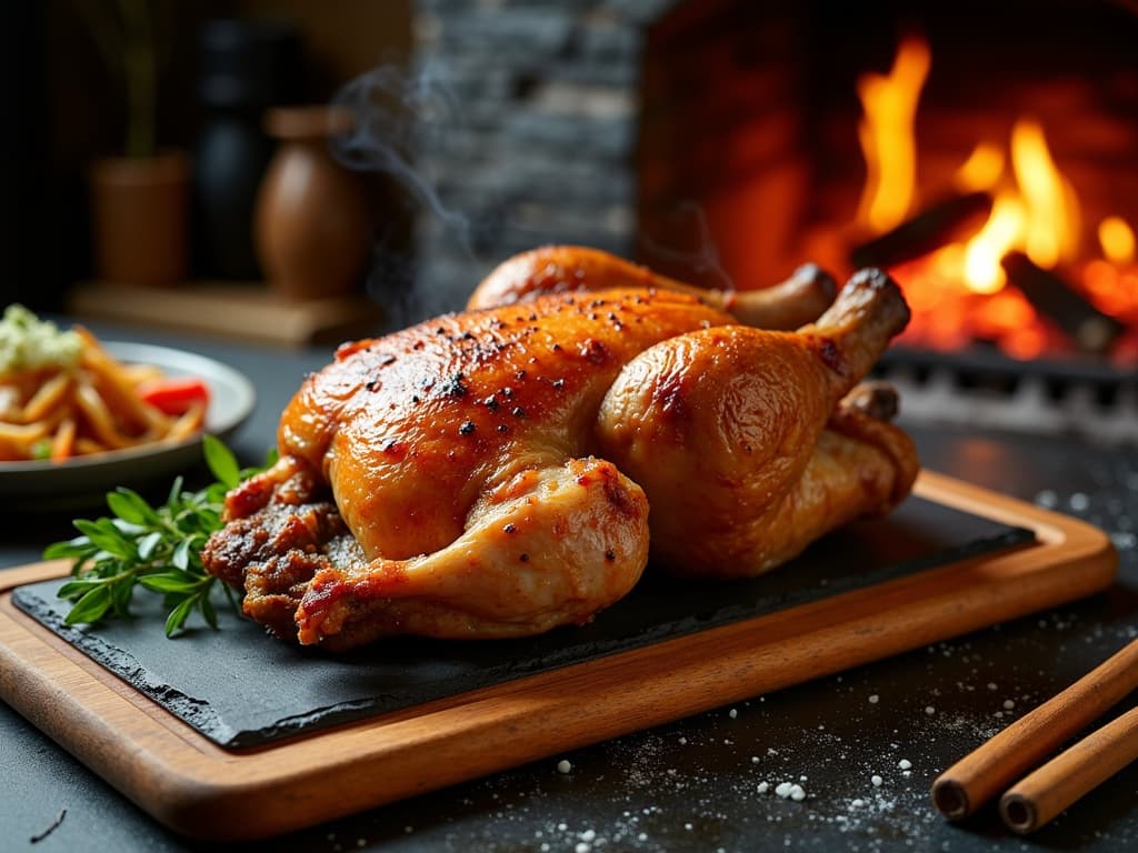 Gegrillte Hähnchenwürfel auf Metallspießen über glühender Kohle, mit Paprika-Marinade
