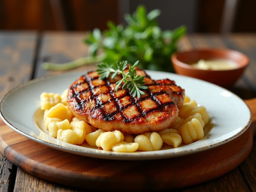 Gegrillte Schweinekoteletts mit Zitronengras-Marinade, karamellisiert, auf Reisnudeln