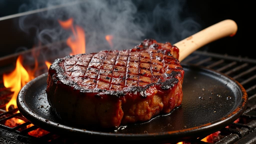 Tomahawk Steak mit Kruste in Gusseisenpfanne, Knochen freigelegt