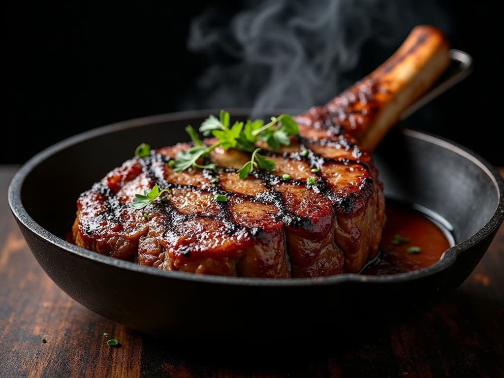 Tomahawk Steak mit Kruste in Gusseisenpfanne, Knochen freigelegt