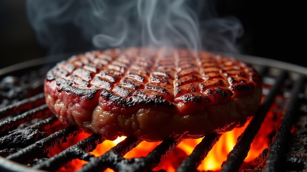 Aufgeschnittener Wagyu-Burger mit rosa Kern auf Holzbrett