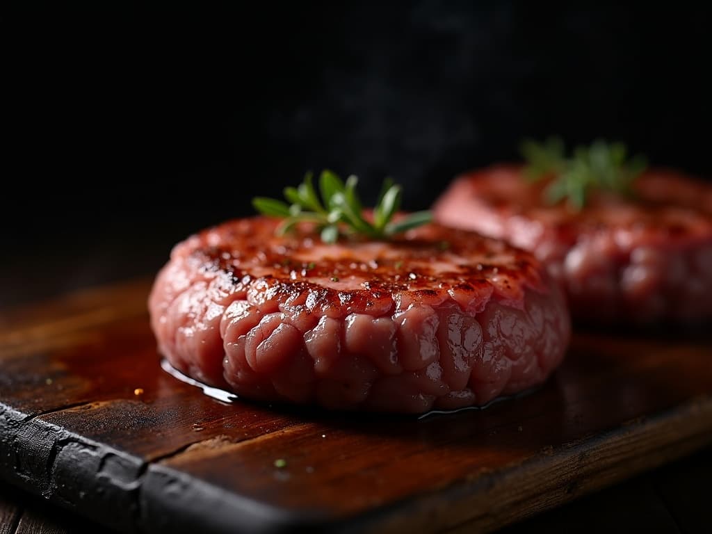 Aufgeschnittener Wagyu-Burger mit rosa Kern auf Holzbrett