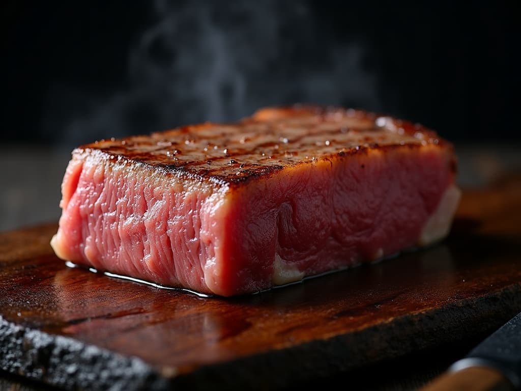 Perfekt gebratenes Wagyu-Steak mit glänzender Oberfläche und rosa Kern