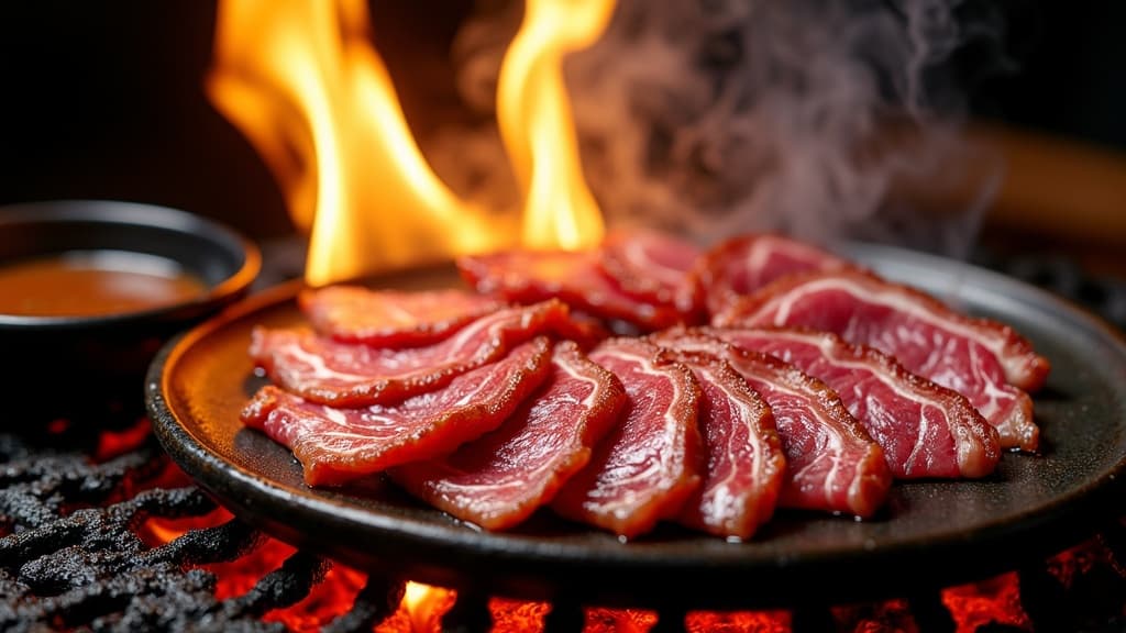 Wagyu-Scheiben auf glühendem Tischgrill mit Tare-Schale und Gemüse