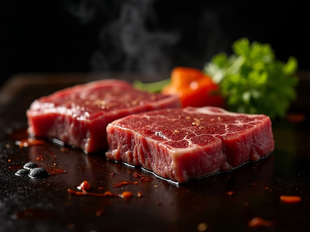 Wagyu-Scheiben auf glühendem Tischgrill mit Tare-Schale und Gemüse