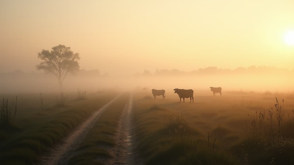 Morgennebel ueber einer Weide, eine ruhige Rinderherde in der Ferne, ein Feldweg fuehrt aus dem Bild
