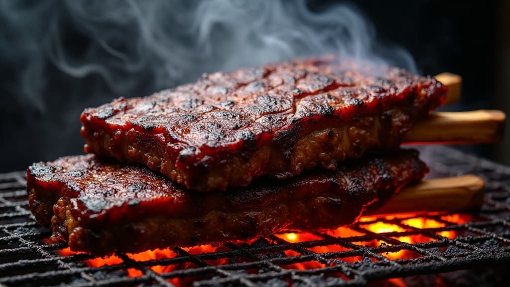 Fertige Beef Short Ribs mit dunkler Bark auf Schneidebrett, Rauchwolke im Hintergrund — KI-generiertes Symbolbild