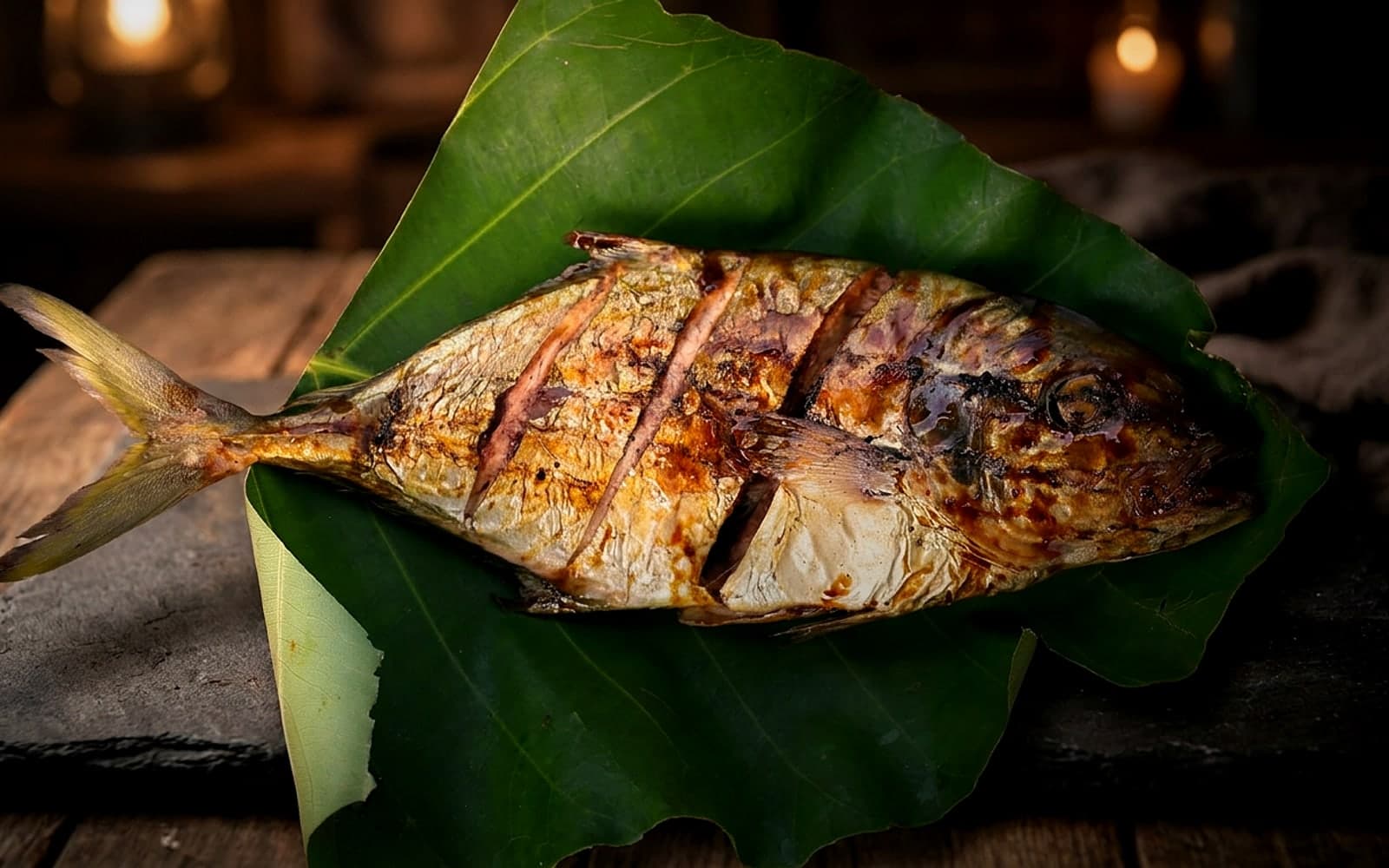 Ganzer gegrillter Fisch auf einem grünen Bananenblatt