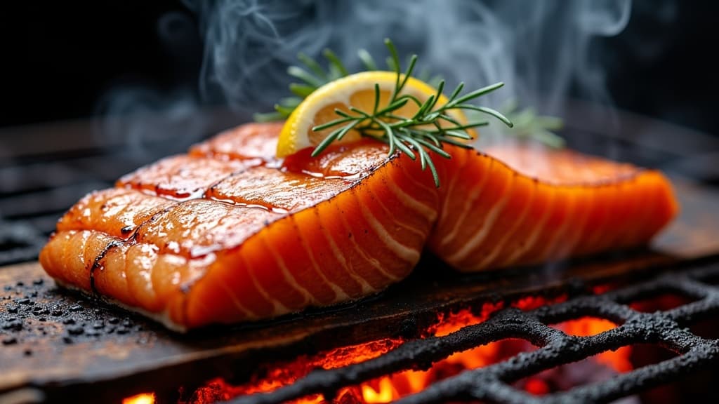 Cedar-Plank-Lachs über Flammen auf dem Grill — dramatischer Eyecatcher