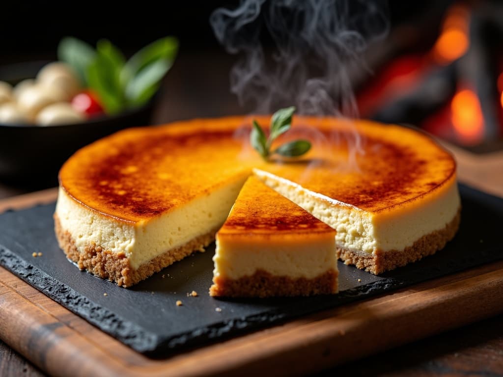 Goldgelber Cheesecake in der Springform auf dem Grillrost, ein Stück angeschnitten