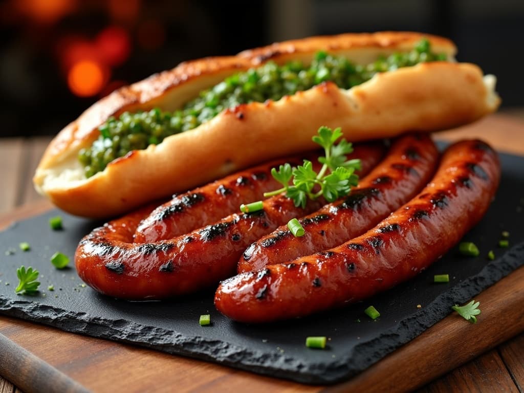 Gegrillte argentinische Chorizo im aufgeschnittenen Brot mit grünem Chimichurri