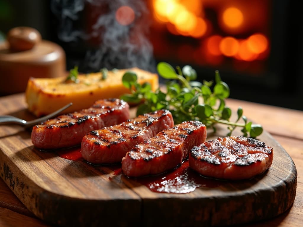 Großformatige Rinderrippen am Spieß über Glut, Bark glänzend, Rauch — KI-generiertes Symbolbild