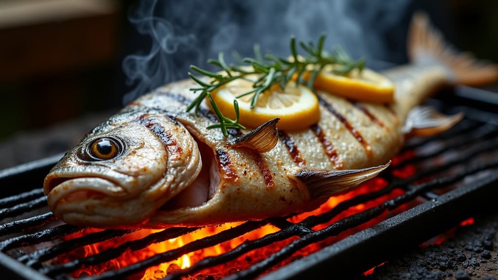 Ganze gegrillte Dorade mit knuspriger Haut in Fischzange über Glut