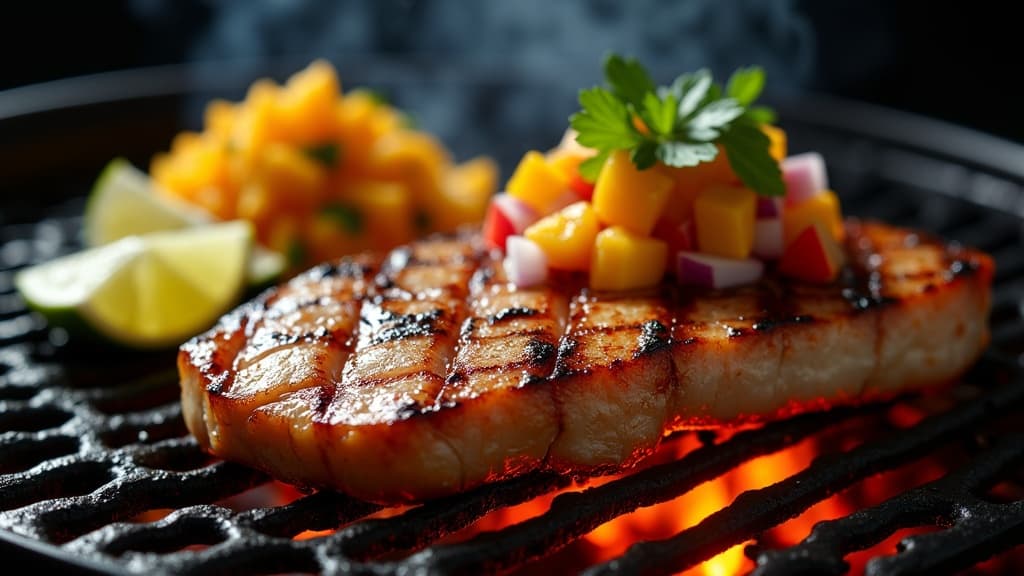 Gegrilltes Mahi-Mahi-Filet mit Grillstreifen, Mango-Salsa und Limettenscheiben