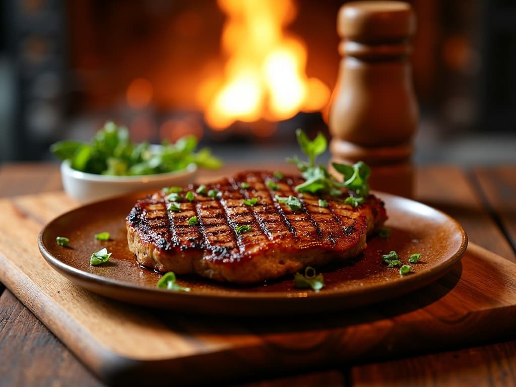 Gegrilltes Kalbsbries mit Grill-Marks auf Holzkohle-Parrilla, Chimichurri daneben — KI-generiertes Symbolbild