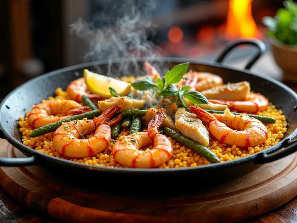 Paella-Pfanne auf dem Grill mit Safranreis, Garnelen, Fisch und gegrillten Zitronen