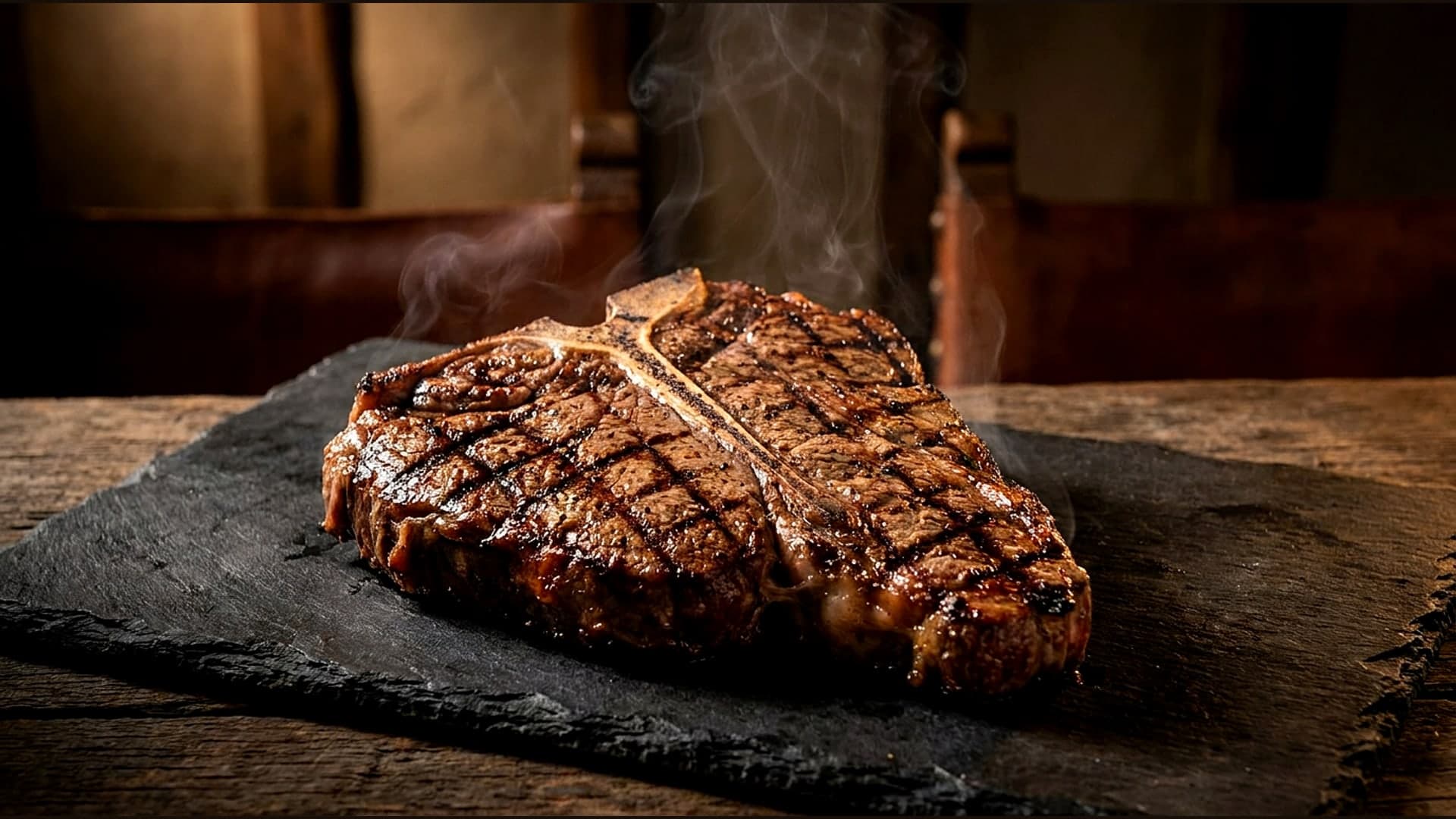 Gegrilltes Steak mit durchlaufendem T-Knochen, Roastbeef- und Filetseite sichtbar, auf dunklem Schiefer — KI-generiertes Symbolbild