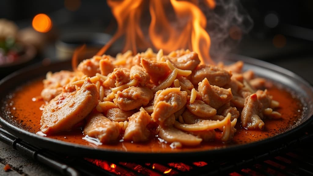 Gezupftes Pulled Chicken auf Holzbrett mit Sauce und Brötchen — KI-generiertes Symbolbild