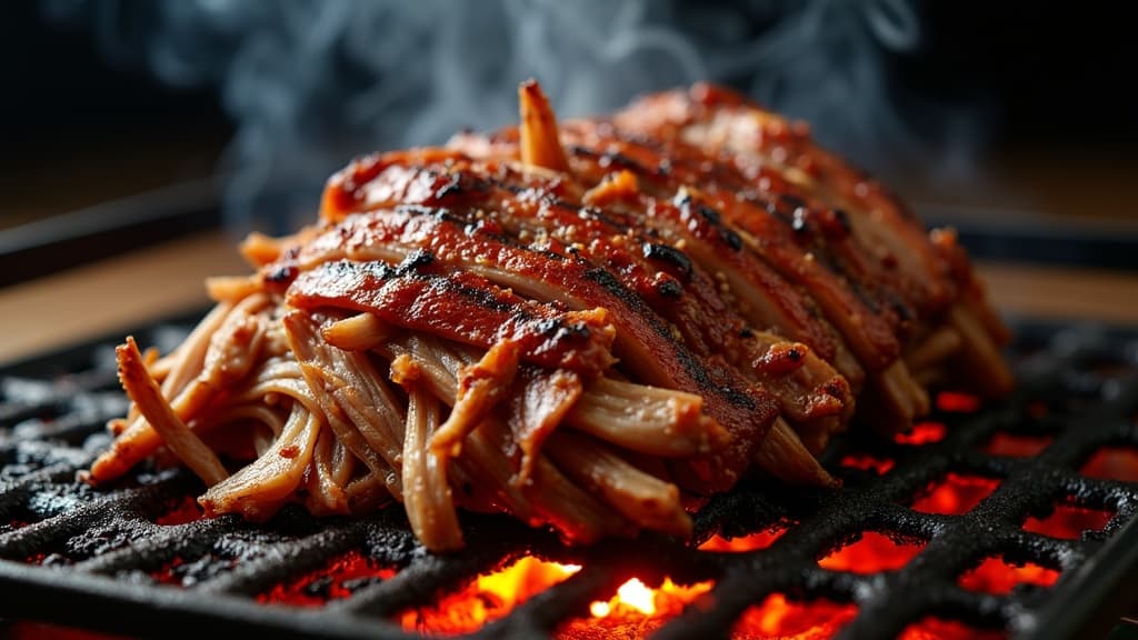Fertig gerupftes Pulled Pork mit dunkler Bark auf Schneidebrett — KI-generiertes Symbolbild