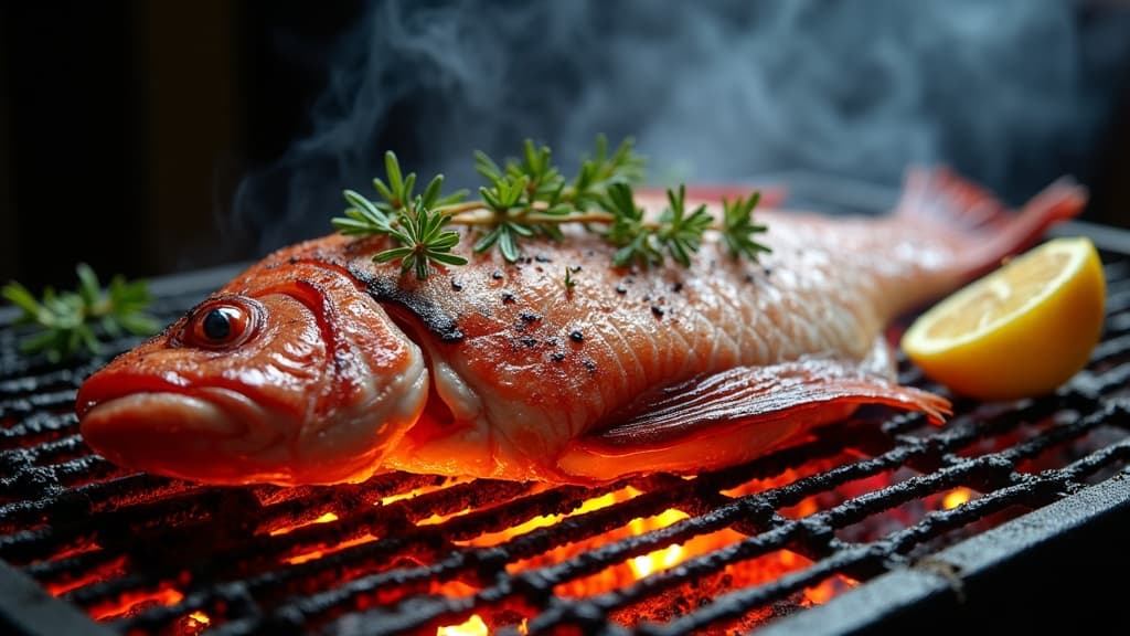 Ganze gegrillte Rotbarbe mit knuspriger Haut, Zitronenscheiben und frischem Thymian