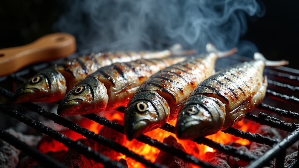 Gegrillte ganze Sardinen mit goldbrauner, verkrusteter Haut auf Grillrost