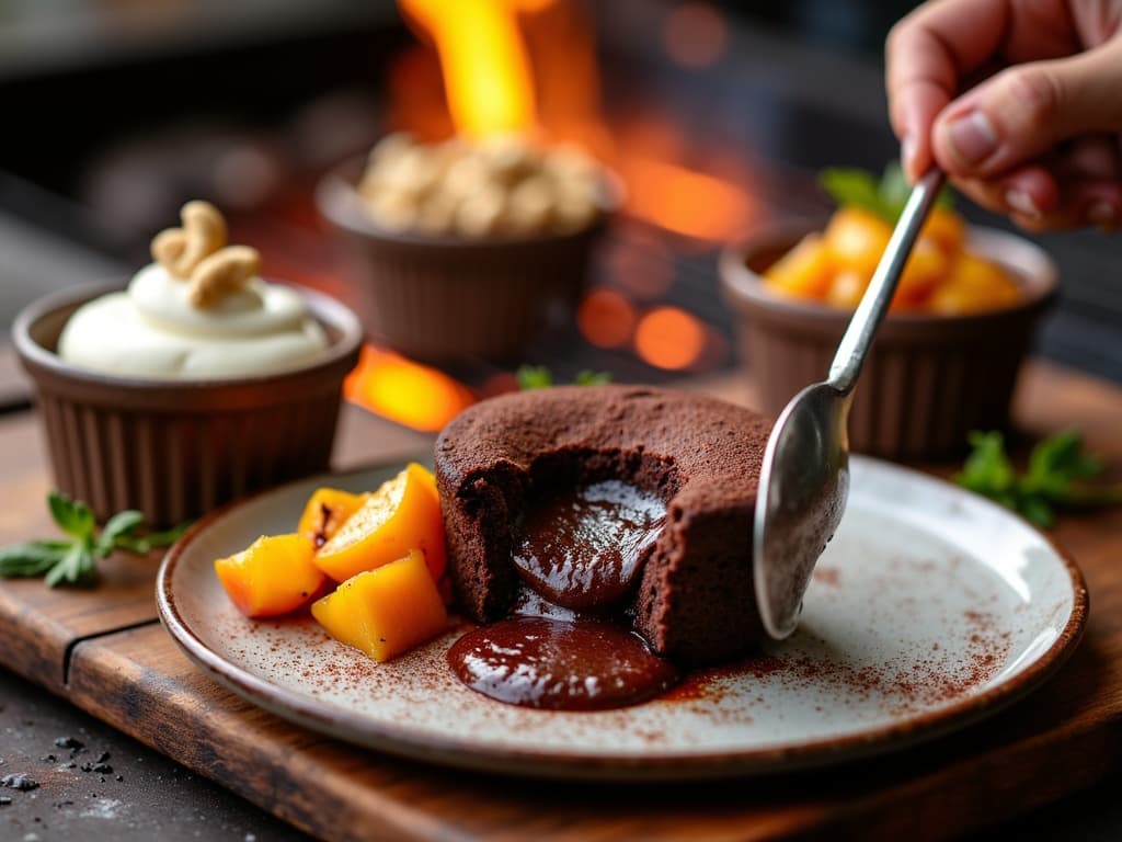 Schoko-Soft-Cake im Förmchen mit fließendem Kern, Pfirsichragout und Sahne